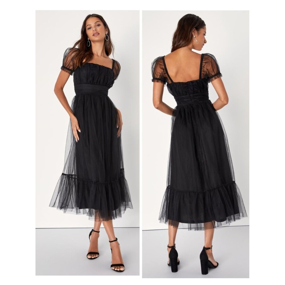 Lulus Flawless Aura Black Tulle Puff Sleeve Ruffled Midi Dress Size XL Formal